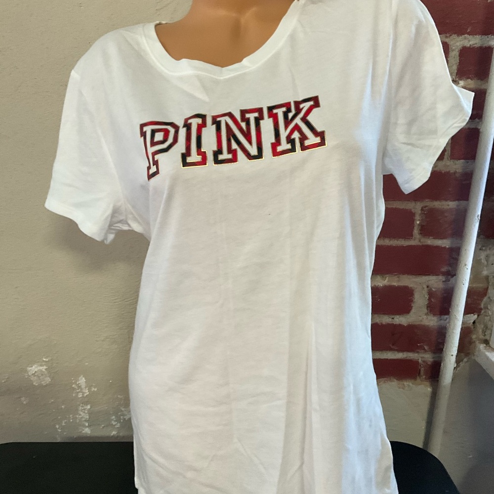 PINK Victoria's Secret White Tee with Red and Black Graphic